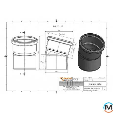 Колено канализационное Ostendorf Skolan db 90х15, Вид канализации: Внутренняя, Тип канализации: Бесшумная, Градус (град.): 15, Цвет: Светло-серый, Диаметр (мм): 90, Материал: Полипропилен PPR, фото , изображение 2
