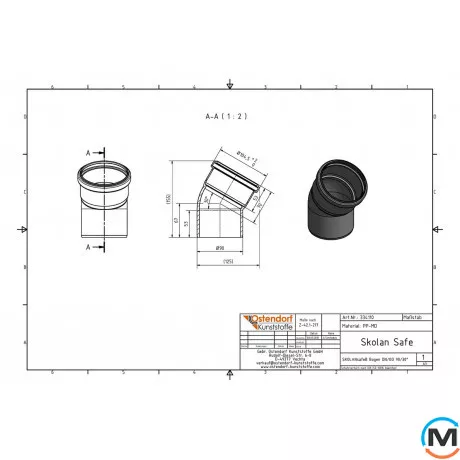 Колено канализационное Ostendorf Skolan db 90х30, Вид канализации: Внутренняя, Тип канализации: Бесшумная, Градус (град.): 30, Цвет: Светло-серый, Диаметр (мм): 90, Материал: Полипропилен PPR, фото 