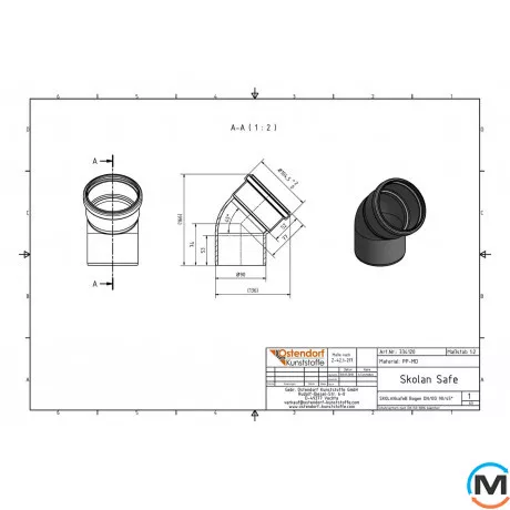 Колено канализационное Ostendorf Skolan db 90х45, Вид канализации: Внутренняя, Тип канализации: Бесшумная, Градус (град.): 45, Цвет: Светло-серый, Диаметр (мм): 90, Материал: Полипропилен PPR, фото , изображение 2