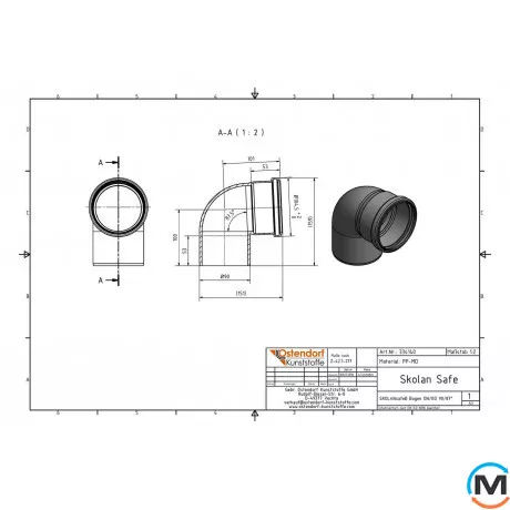 Колено канализационное Ostendorf Skolan db 90х87, Вид канализации: Внутренняя, Тип канализации: Бесшумная, Градус (град.): 90, Цвет: Светло-серый, Диаметр (мм): 90, Материал: Полипропилен PPR, фото , изображение 2