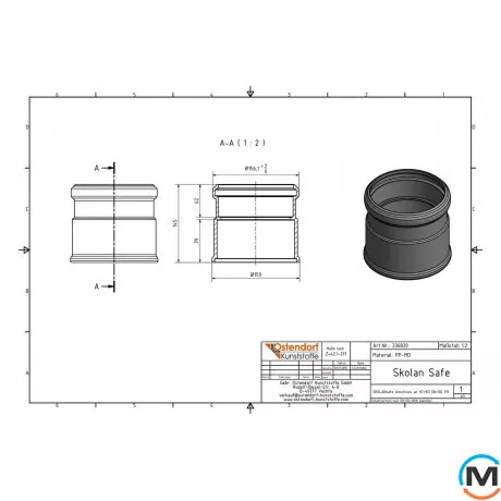 Редукція каналізаційна Ostendorf Skolan db на каналізацію HT 125, Варіант: Коротка, Вид каналізації: Внутрішня, Тип каналізації: Безшумна, Модифікація: 125/125, Виконання: З Skolan db на HT-Safe, Колір: Світло сірий, Діаметр (мм): 125, Матеріал: Поліпропілен PPR, фото , зображення 2
