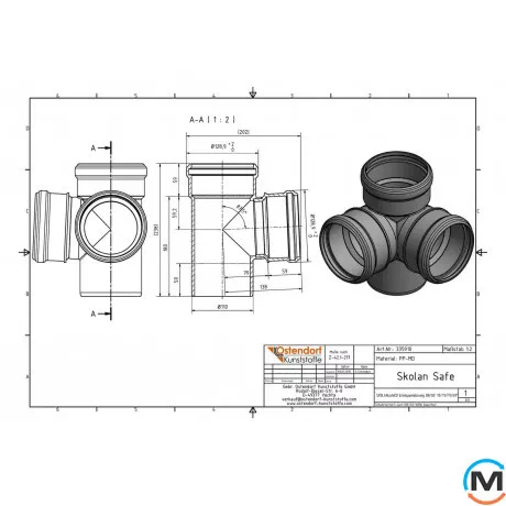 Крестовина Ostendorf Skolan db 2-х плоскостная 110/110х87, Вариант: 100/100х87, Вид канализации: Внутренняя, Тип канализации: Бесшумная, Градус (град.): 90, Исполнение: Двухплоскостная, Диаметр (мм): 100, Материал: Полипропилен PPR, фото , изображение 2