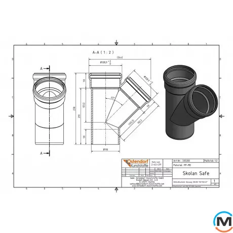 Трійник каналізаційний Ostendorf Skolan db 110/110х45, Вид каналізації: Внутрішня, Тип каналізації: Безшумна, Градус (град.): 45, Модифікація: 100/100х45, Колір: Світло сірий, Діаметр (мм): 100, Матеріал: Поліпропілен PPR, фото , зображення 2