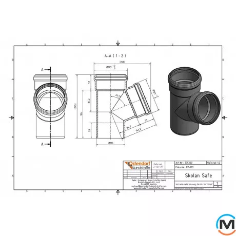 Тройник канализационный Ostendorf Skolan db 110/110х67, Вид канализации: Внутренняя, Тип канализации: Бесшумная, Градус (град.): 67, Модификация: 100/100х67, Цвет: Светло-серый, Диаметр (мм): 100, Материал: Полипропилен PPR, фото , изображение 2