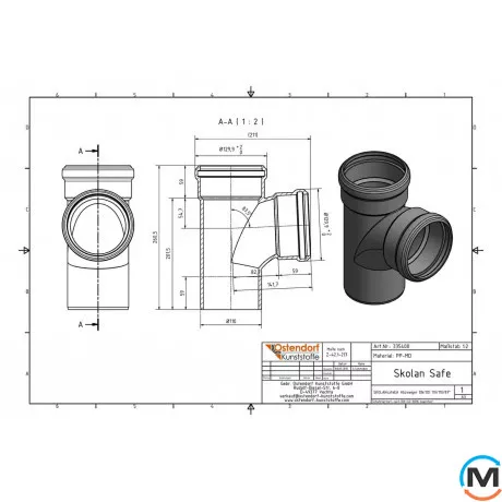 Трійник каналізаційний Ostendorf Skolan db 110/110х87, Вид каналізації: Внутрішня, Тип каналізації: Безшумна, Градус (град.): 90, Модифікація: 100/100х87, Колір: Світло сірий, Діаметр (мм): 100, Матеріал: Поліпропілен PPR, фото , зображення 2