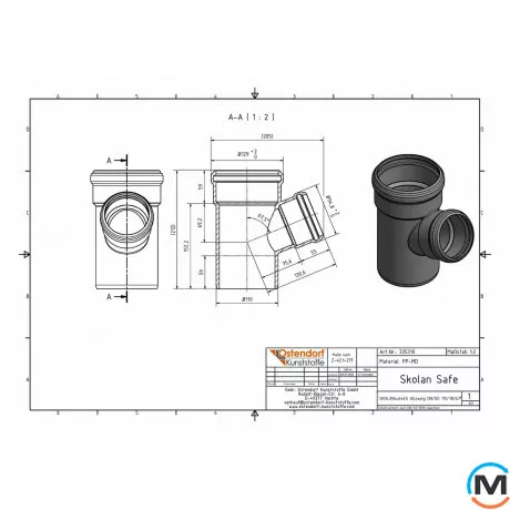 Тройник канализационный Ostendorf Skolan db 110/70х67, Вид канализации: Внутренняя, Тип канализации: Бесшумная, Градус (град.): 67, Модификация: 100/70х67, Цвет: Светло-серый, Диаметр (мм): 100, Материал: Полипропилен PPR, фото , изображение 2