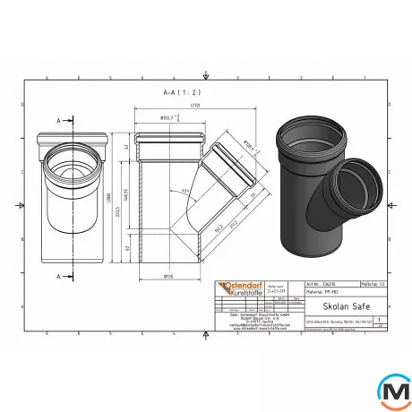 Тройник канализационный Ostendorf Skolan db 125/110х45, Вид канализации: Внутренняя, Тип канализации: Бесшумная, Градус (град.): 45, Модификация: 125/100х45, Цвет: Светло-серый, Диаметр (мм): 125, Материал: Полипропилен PPR, фото , изображение 2