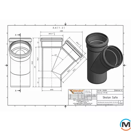 Тройник канализационный Ostendorf Skolan db 125/125х45, Вид канализации: Внутренняя, Тип канализации: Бесшумная, Градус (град.): 45, Модификация: 125/125х45, Цвет: Светло-серый, Диаметр (мм): 125, Материал: Полипропилен PPR, фото , изображение 2