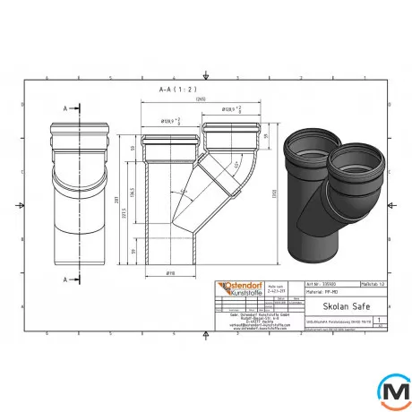 Тройник канализационный Ostendorf Skolan db параллельный 110/110, фото , изображение 2