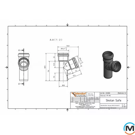 Тройник канализационный Ostendorf Skolan db 58/58х67, Вид канализации: Внутренняя, Тип канализации: Бесшумная, Градус (град.): 67, Модификация: 50/50х67, Цвет: Светло-серый, Диаметр (мм): 50, Материал: Полипропилен PPR, фото , изображение 2