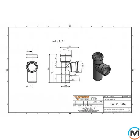 Тройник канализационный Ostendorf Skolan db 58/58х87, Вид канализации: Внутренняя, Тип канализации: Бесшумная, Градус (град.): 90, Модификация: 50/50х87, Цвет: Светло-серый, Диаметр (мм): 50, Материал: Полипропилен PPR, фото , изображение 2