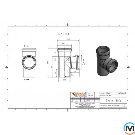 Тройник канализационный Ostendorf Skolan db 75/75х87, Вид канализации: Внутренняя, Тип канализации: Бесшумная, Градус (град.): 90, Модификация: 75/75х87, Цвет: Светло-серый, Диаметр (мм): 75, Материал: Полипропилен PPR, фото , изображение 2