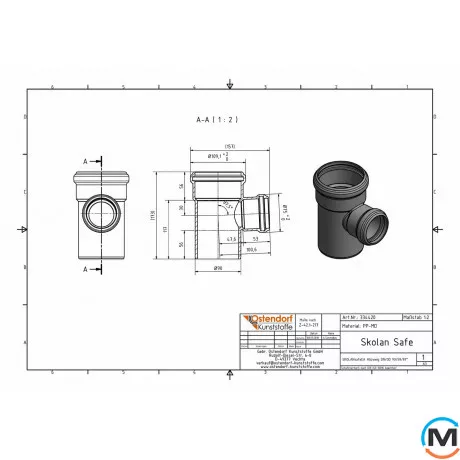 Тройник канализационный Ostendorf Skolan db 90/58х87, Вид канализации: Внутренняя, Тип канализации: Бесшумная, Градус (град.): 90, Модификация: 90/50х87, Цвет: Светло-серый, Диаметр (мм): 90, Материал: Полипропилен PPR, фото , изображение 2
