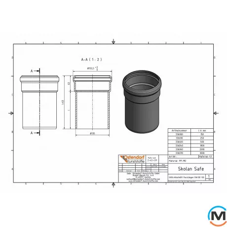 Труба каналізаційна Ostendorf Skolan db 125х150, Варіант: З розтрубом, Вид каналізації: Внутрішня, Тип каналізації: Безшумна, Колір: Світло сірий, Діаметр (мм): 125, Товщина стінки (мм): 5.3, Довжина (мм): 150, Матеріал: Поліпропілен PPR, фото , зображення 2