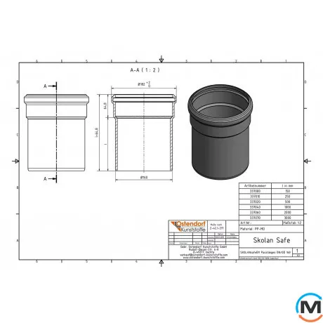 Труба каналізаційна Ostendorf Skolan db 150х500, Варіант: З розтрубом, Вид каналізації: Внутрішня, Тип каналізації: Безшумна, Колір: Світло сірий, Діаметр (мм): 150, Товщина стінки (мм): 5.3, Довжина (мм): 500, Матеріал: Поліпропілен PPR, фото , зображення 2