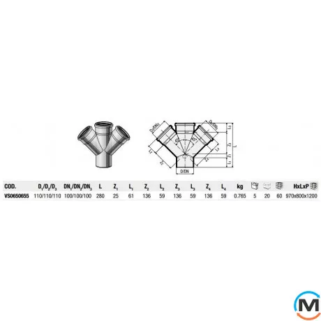 Крестовина Valsir Triplus Ø110/110/110 45°, Градус (град.): 45, Модификация: 110/110/110, Диаметр (мм): 110, фото , изображение 2