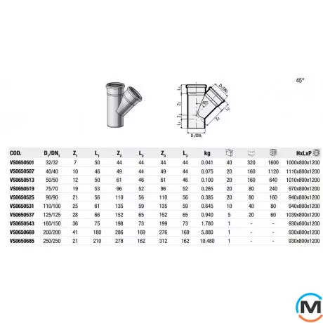 Тройник Valsir Triplus Ø110/110 45°, Градус (град.): 45, Модификация: 110/100, Диаметр (мм): 110, фото , изображение 2