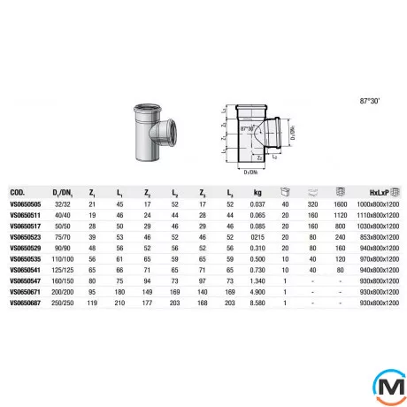 Трійник Valsir Triplus Ø75/75 87°, Градус (град.): 87, Модифікація: 75/70, Діаметр (мм): 75, фото , зображення 2