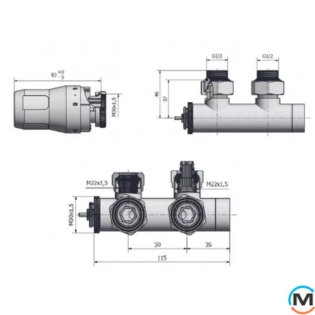 Комплект радиаторный Heat Base Duo-Plex, 3/4 x 15 mm Cu, угловой левый, 2 шт ниппеля, хром, Цвет: Хром, Вариант: Левый, Модификация: Под Г-образную трубку (Cu), фото , изображение 2