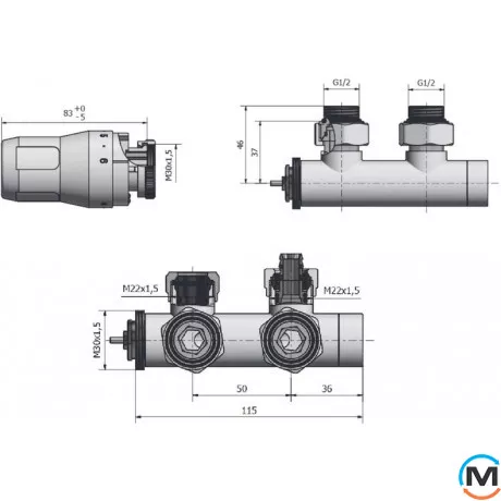 Комплект радиаторный Heat Base Duo-Plex, 3/4 x 15 mm Cu, угловой левый, 2 шт ниппеля, черный мат., Цвет: Черный, Вариант: Левый, Модификация: Под Г-образную трубку (Cu), фото , изображение 2