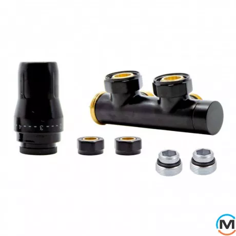 Комплект радиаторный Heat Base Duo-Plex, 3/4 x 15 mm Cu, угловой левый, 2 шт ниппеля, черный мат., Цвет: Черный, Вариант: Левый, Модификация: Под Г-образную трубку (Cu), фото 