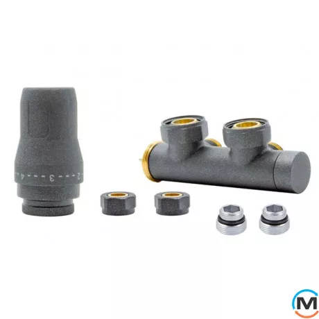 Комплект радиаторный Heat Base Duo-Plex, 3/4 x 15 mm Cu, угловой левый, 2 шт ниппеля, графит, Цвет: Графит, Вариант: Левый, Модификация: Под Г-образную трубку (Cu), фото 