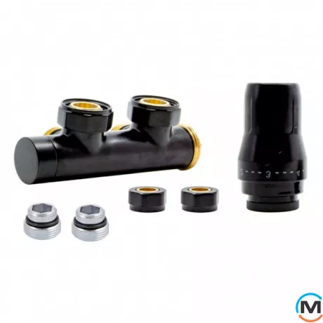 Комплект радиаторный Heat Base Duo-Plex, 3/4 x 15 mm Cu, угловой правый, 2 шт ниппеля, черный мат., Цвет: Черный, Вариант: Правый, Модификация: Под Г-образную трубку (Cu), фото 