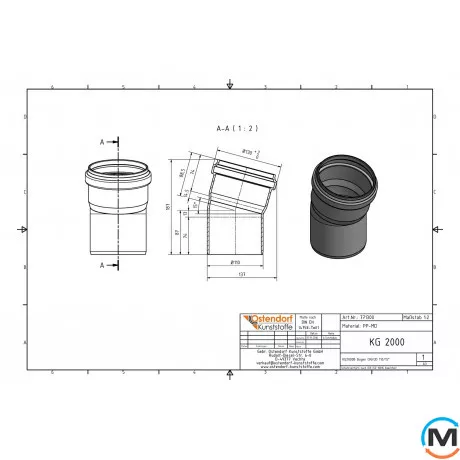 Коліно каналізаційне Ostendorf KG2000B 100х15 °, Градус (град.): 15, Діаметр (мм): 100, фото , зображення 2