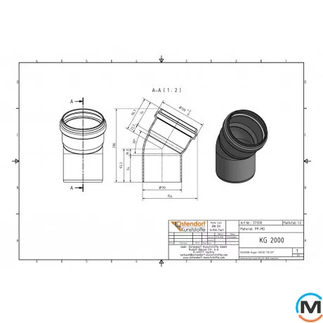 Коліно каналізаційне Ostendorf KG2000B 100х30 °, Градус (град.): 30, Діаметр (мм): 100, фото , зображення 2