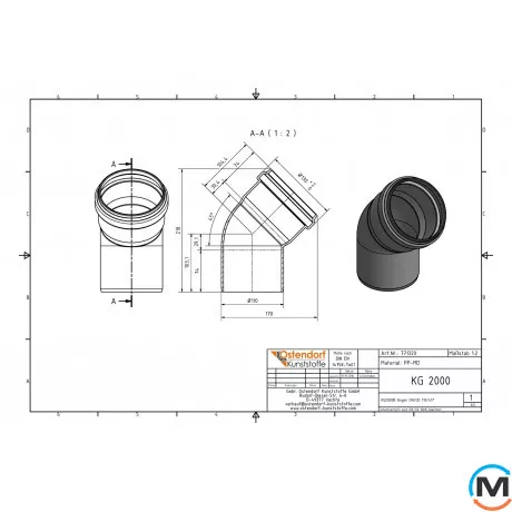 Коліно каналізаційне Ostendorf KG2000B 100х45°, Градус (град.): 45, Діаметр (мм): 100, фото , зображення 2
