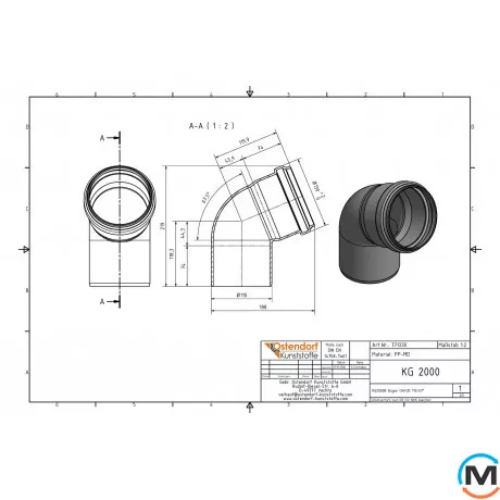 Коліно каналізаційне Ostendorf KG2000B 100х67 °, Градус (град.): 67, Діаметр (мм): 100, фото , зображення 2