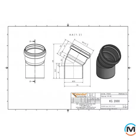 Коліно каналізаційне Ostendorf KG2000B 125х30°, Градус (град.): 30, Діаметр (мм): 125, фото , зображення 2