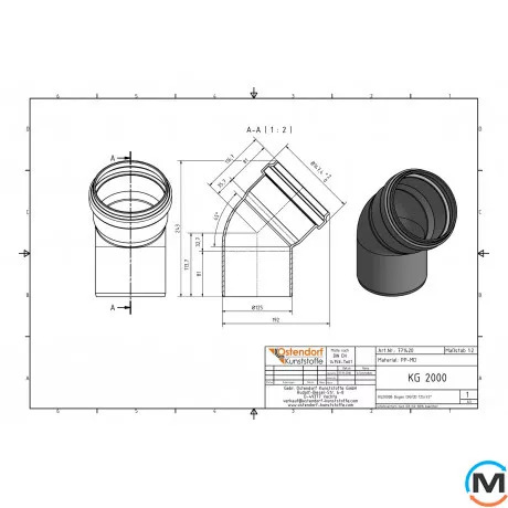 Коліно каналізаційне Ostendorf KG2000B 125х45°, Градус (град.): 45, Діаметр (мм): 125, фото , зображення 2