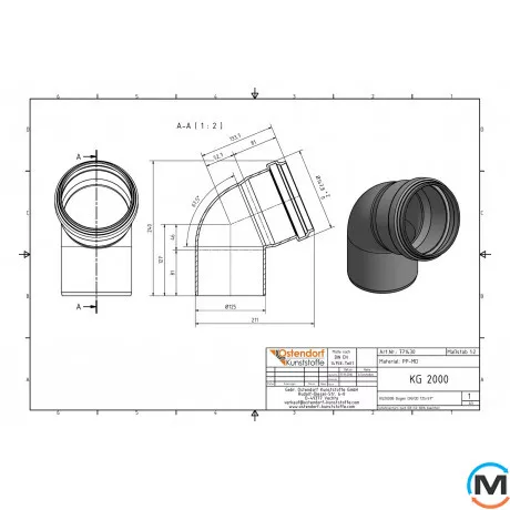 Коліно каналізаційне Ostendorf KG2000B 125х67°, Градус (град.): 67, Діаметр (мм): 125, фото , зображення 2