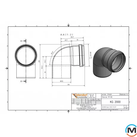 Коліно каналізаційне Ostendorf KG2000B 125х87°, Градус (град.): 87, Діаметр (мм): 125, фото , зображення 2