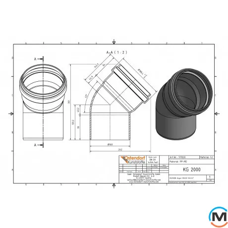 Коліно каналізаційне Ostendorf KG2000B 150х45°, Градус (град.): 45, Діаметр (мм): 160, фото , зображення 2