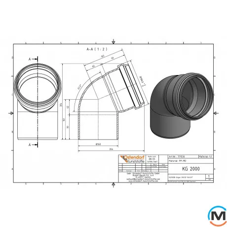 Коліно каналізаційне Ostendorf KG2000B 150х67°, Градус (град.): 67, Діаметр (мм): 160, фото , зображення 2