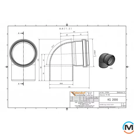 Коліно каналізаційне Ostendorf KG2000B 150х87°, Градус (град.): 87, Діаметр (мм): 160, фото , зображення 2