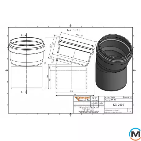Коліно каналізаційне Ostendorf KG2000B 200х15°, Градус (град.): 15, Діаметр (мм): 200, фото , зображення 2