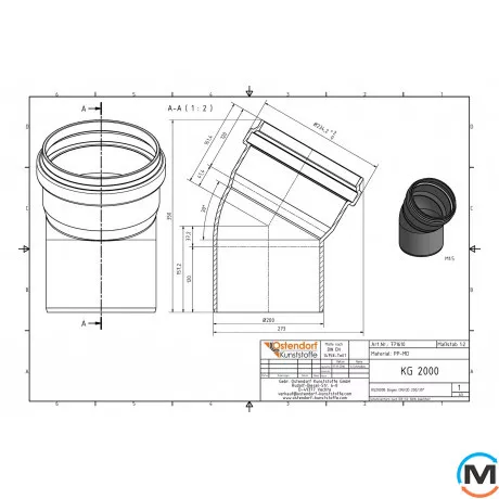 Колено канализационное Ostendorf KG2000B 200х30°, Градус (град.): 30, Диаметр (мм): 200, фото , изображение 2
