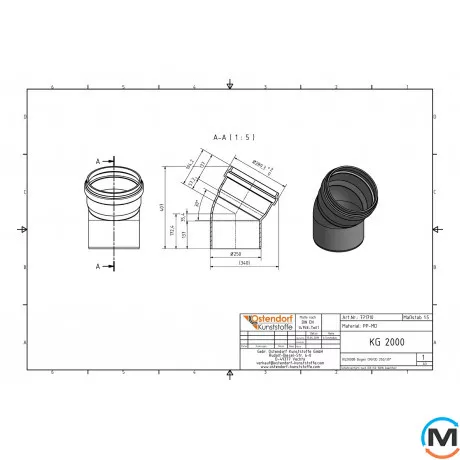Коліно каналізаційне Ostendorf KG2000B 250х30°, Градус (град.): 30, Діаметр (мм): 250, фото , зображення 2