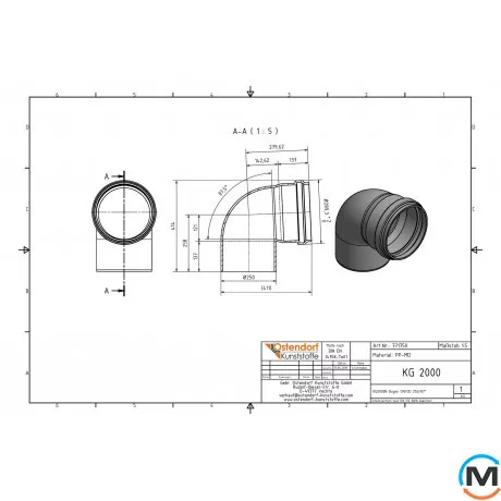 Коліно каналізаційне Ostendorf KG2000B 250х87°, Градус (град.): 87, Діаметр (мм): 250, фото , зображення 2