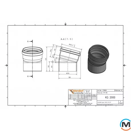 Коліно каналізаційне Ostendorf KG2000B 315х15°, Градус (град.): 15, Діаметр (мм): 315, фото , зображення 2