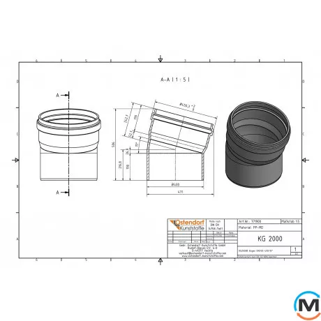 Коліно каналізаційне Ostendorf KG2000B 400х15°, Градус (град.): 15, Діаметр (мм): 400, фото , зображення 2