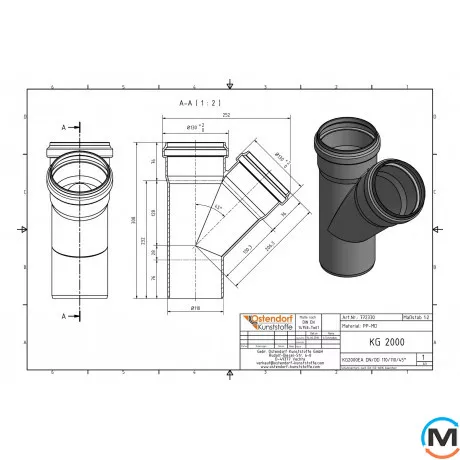 Тройник канализационный Ostendorf KG2000EA 110х110 45°, Градус (град.): 45, Диаметр (мм): 110, Модификация: 110х110 45°, фото , изображение 2