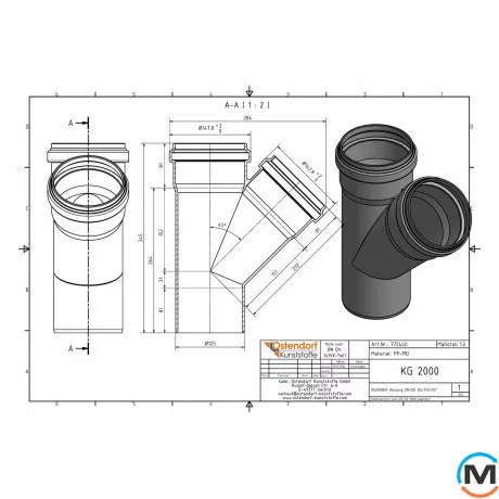Тройник канализационный Ostendorf KG2000EA 125х125 45°, Градус (град.): 45, Диаметр (мм): 125, Модификация: 125х125 45°, фото , изображение 2