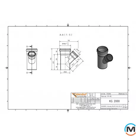 Тройник канализационный Ostendorf KG2000EA 150х110 45°, Градус (град.): 45, Диаметр (мм): 160, Модификация: 150х110 45°, фото , изображение 2