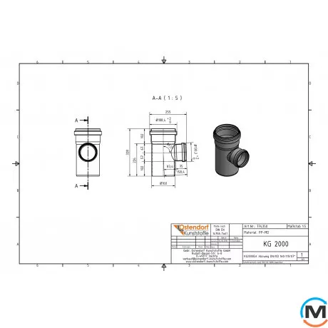 Тройник канализационный Ostendorf KG2000EA 150х110 87°, Градус (град.): 87, Диаметр (мм): 160, Модификация: 150х110 87°, фото , изображение 2