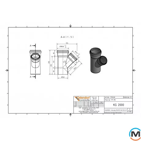 Тройник канализационный Ostendorf KG2000EA 150х125 45°, Градус (град.): 45, Диаметр (мм): 160, Модификация: 150х125 45°, фото , изображение 2