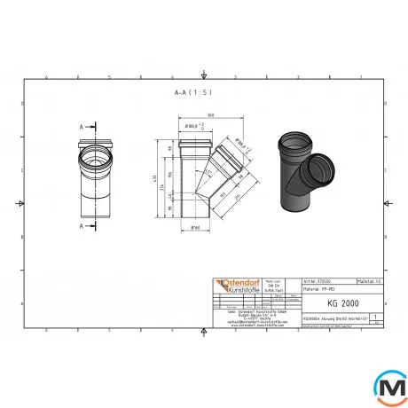 Тройник канализационный Ostendorf KG2000EA 150х150 45°, Градус (град.): 45, Диаметр (мм): 160, Модификация: 150х150 45°, фото , изображение 2